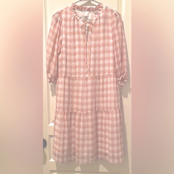 Nanette Lepore Pink Blush Gingham Check Swiss Dot Babydoll Mini Dress - Picture 2 of 7